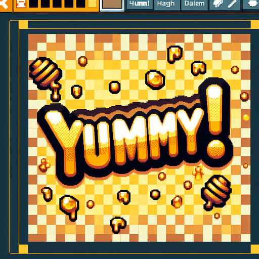 Pixelart - a cool splash screen style text saying 'Yummy!' golden yellow brown honey colors..
Single Game Texture. In-Game asset. 2d. Blank background. High contrast. No shadows.