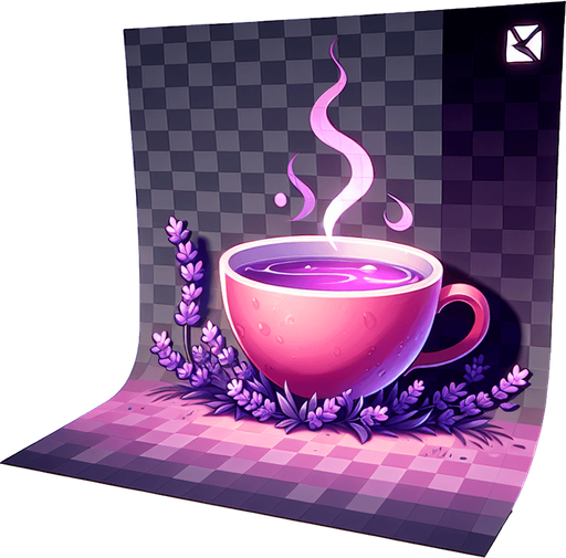 Lavender tea on pink cup Single Game Texture. In-Game asset. 2d. Blank background. High contrast. No shadows. Single Game Texture. In-Game asset. 2d. Blank background. High contrast. No shadows.