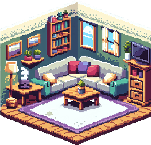 pixel art living room.
Single Game Texture. In-Game asset. 2d. Blank background.