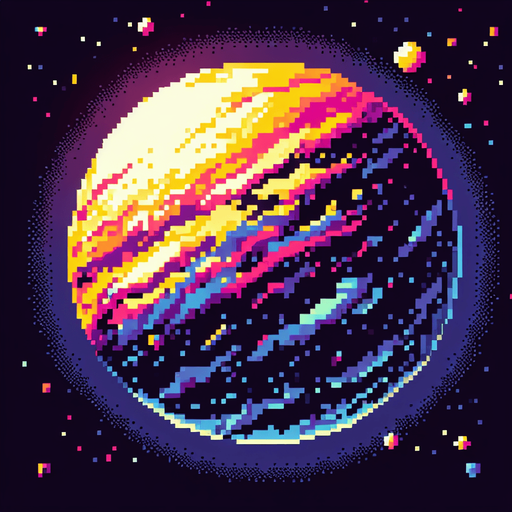 pixel art of a planet.
Single Game Texture. In-Game asset. 2d. Blank background. High contrast. No shadows.