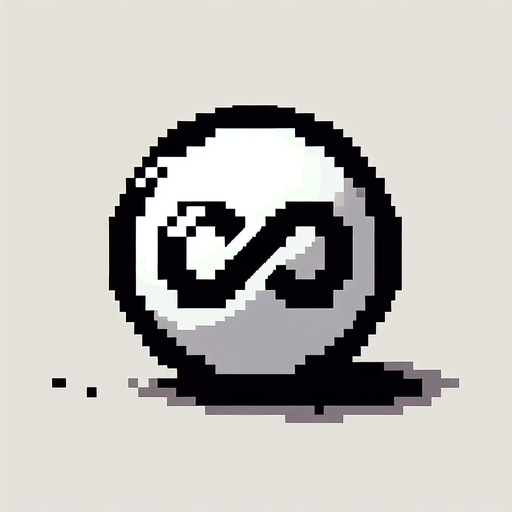 white round ball with black edges. has a black infinity logo inprinted on it. pixelated. 8 bit..
Single Game Texture. In-Game asset. 2d. Blank background. High contrast. No shadows.