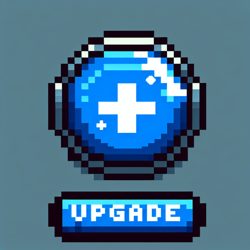 blue upgrade button with a "+" sign on it. pixelated. 8 bit.
Single Game Texture. In-Game asset. 2d. Blank background. High contrast. No shadows.