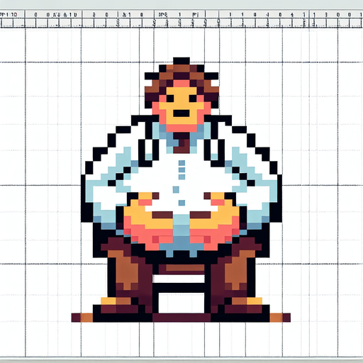 8-bit pixelated image of a video game character sitting with hands on a large belly, wearing a white shirt and brown pants. The setting is a simple bathroom, with the character as the main focus.
Single Game Texture. In-Game asset. 2d. Blank background. High contrast. No shadows.