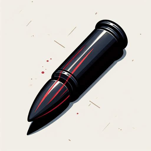 make a single black bullet with 5 red lines..
Single Game Texture. In-Game asset. 2d. Blank background. medium contrast. No shadows. cartoony. birdside view. full body. not facing the camera