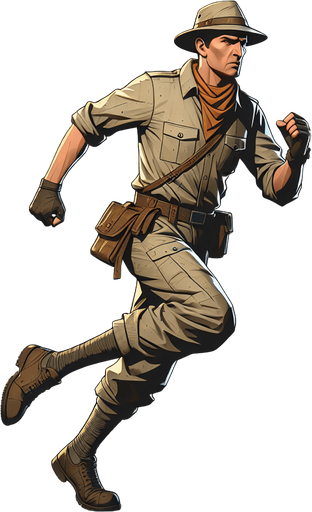 adventurer in a safari outfit, running.
Single Game Texture. In-Game asset. 2d. Blank background. High contrast. No shadows.