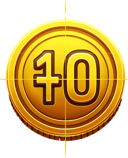 A yellow coin wher we can see '+10' written on it..
Single Game Texture. In-Game asset. 2d. Blank background. High contrast. No shadows.