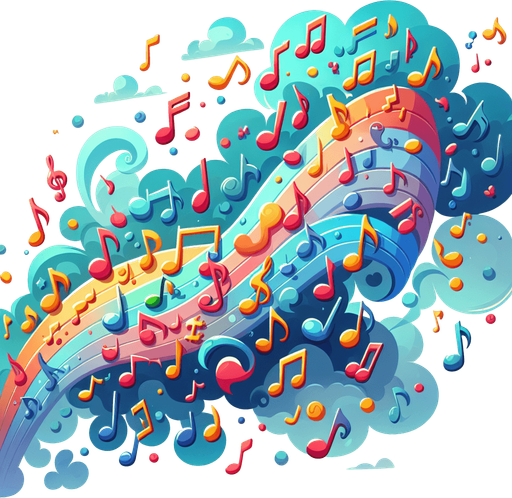 Create a cartoon-style illustration of a mix of colorful music notes.
Single Game Texture. In-Game asset. 2d. Blank background. High contrast. No shadows.