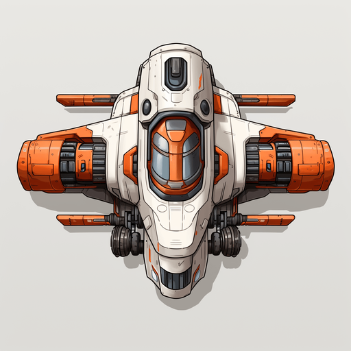 Stylish hero spaceship facing upwards, with a single cannon in the center.
Single Game Texture. In-Game asset. 2d. Pixelart. White background. Blank background. Low detail. High contrast.