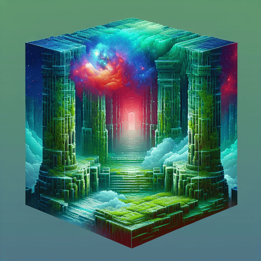 Mossy green ancient temple ruins interior surrounded by colorful galactic clouds..
Single Game Texture. In-Game asset. 2d. Blank background. High contrast. No shadows.