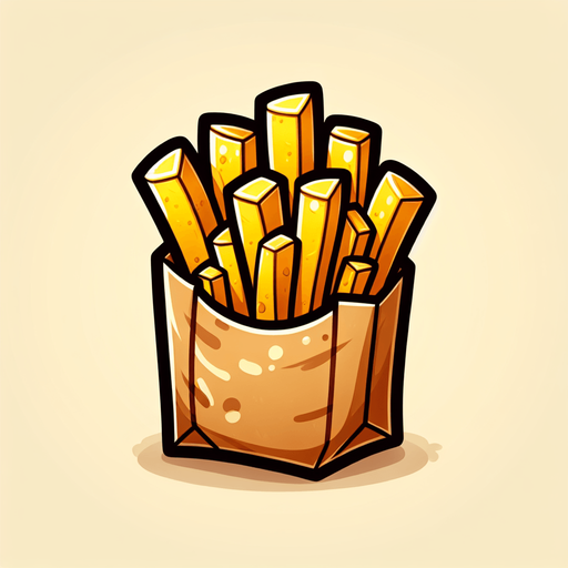 Create a cartoon-style illustration of fries in a brown bag. The goal is to capture a lively and playful object. Front perspective.
Single Game Texture. In-Game asset. 2d. Blank background. High contrast. No shadows.