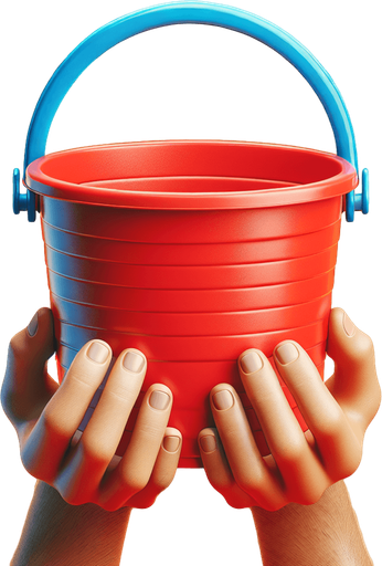 red beach bucket with a blue handle hold by two hands from its bottom..
photorealistic