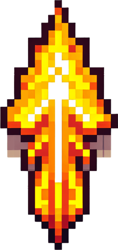 a yellow fire arrow, pointing up. top down view. pixelart. vertical. Single Game Texture. In-Game asset. 2d. Blank background. High contrast. No shadows.