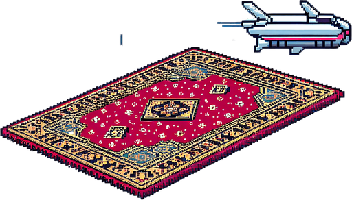 side view of a flat flying carpet heading to the right.
Retro gaming style