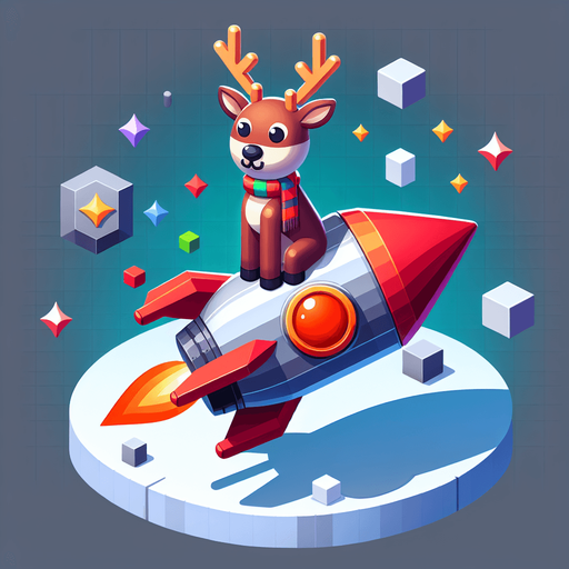 A reindeer on a rocket.
Single Game Texture. In-Game asset. 2d. Blank background. High contrast. No shadows.