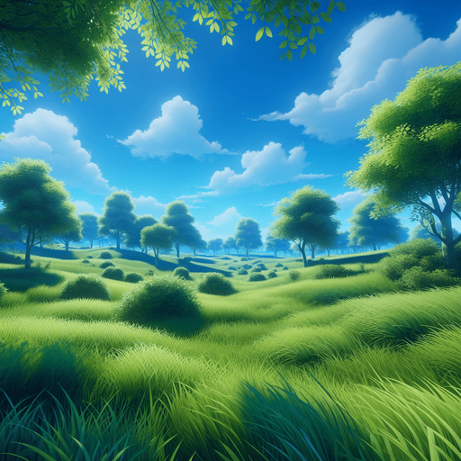 A grassy field with a bright blue sky.
In-Game asset. 2d. High contrast. No shadows.