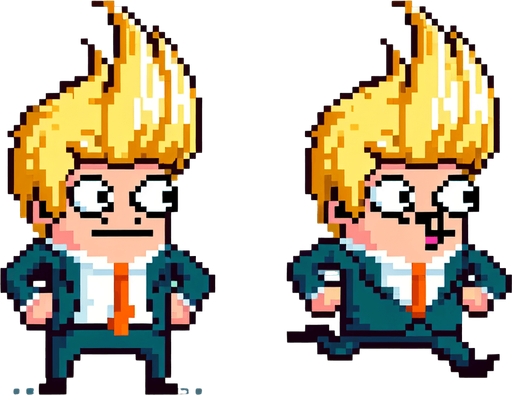 a 2d funny character in 8-bit and cartoon of donald trump. generate 2 images, one standing still and one running..