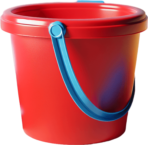 beach construction toys. red bucket with blue handle..
photorealistic