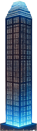 Neon cityscape, skyscraper, single vertical building , window panes.
Single Game Texture. In-Game asset. 2d. Blank background. High contrast. No shadows.