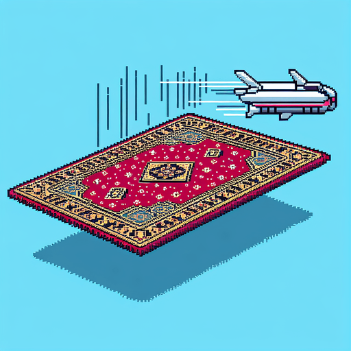 side view of a flat flying carpet heading to the right.
Retro gaming style