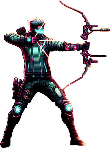 a cyberpunk archer with aiming plasma arrows.
Single Game Texture. In-Game asset. 2d. Blank background. High contrast. No shadows.