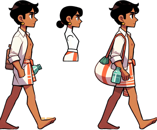 Create a cartoon-style illustration of a beach gooer walking on the beach, side profile.
Single Game Texture. In-Game asset. 2d. Blank background. High contrast. No shadows.