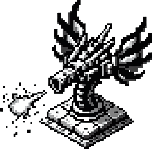 dragon shaped firing turret. top-down bird-eye perspective seen directly from above. 8-bit pixelated.
Single Game Texture. In-Game asset. 2d. Blank background. High contrast. No shadows.