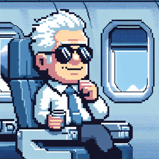 a 2d funny character in 8-bit and cartoon of joe biden on an airplane..