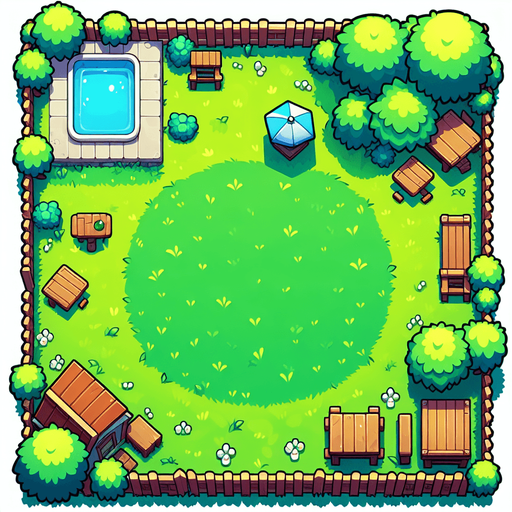 Cartoon. Grass background. Backyard.  Top view. In game asset Single Game Texture. In-Game asset. 2d. Blank background. High contrast. No shadows.