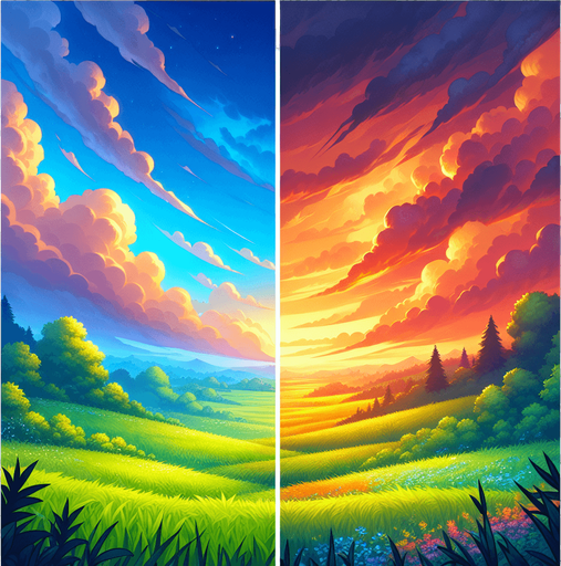 a sky and grass.
Single Game Texture. In-Game asset. 2d. Blank background. High contrast. No shadows.