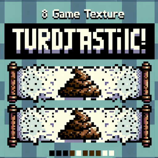 text saying "Turdtastic!" against a turd banner. pixelated. 8-bit.
Single Game Texture. In-Game asset. 2d. Blank background. High contrast. No shadows.