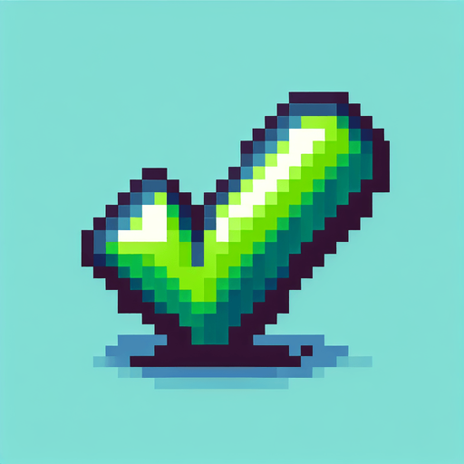 pixel art of a green checkmark.
Single Game Texture. In-Game asset. 2d. Blank background. High contrast. No shadows.