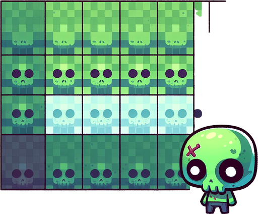 cute zombie in green.
Single Game Texture. In-Game asset. 2d. Blank background. High contrast. No shadows. top down view. bird view