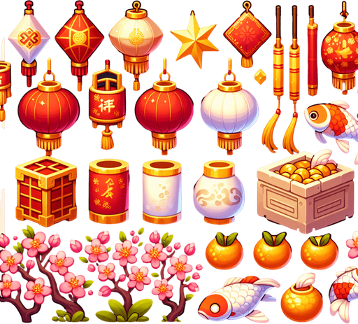 Sprite sheet with Hongbao, chinese Firecrackers, chinese lanters, Yuanbao, Koi Fish, chines Mandarin Oranges, chinese Plum Blossoms.
Game art.
Single Game Texture. In-Game asset. 2d. Blank background. High contrast. No shadows.