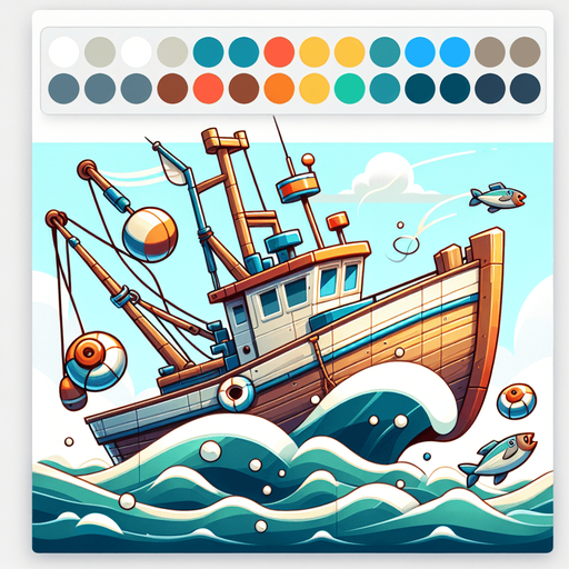 Create a cartoon-style illustration of a fishing boat. The goal is to capture a lively boat in action..
Single Game Texture. In-Game asset. 2d. Blank background. High contrast. No shadows.