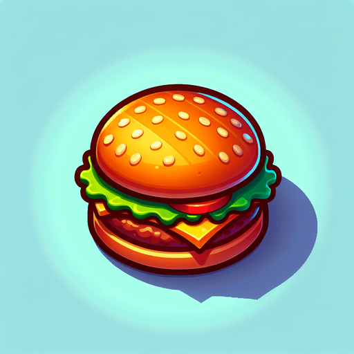 tasty burger.
Single Game Texture. In-Game asset. 2d. Blank background. High contrast. No shadows.