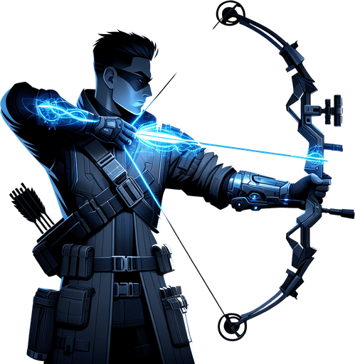 a cyberpunk archer with aiming plasma arrows.
Single Game Texture. In-Game asset. 2d. Blank background. High contrast. No shadows.