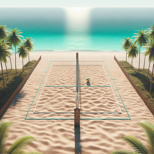 ground lateral view of a beach volley court on sand but without a net. palm trees on the sides. emrald beach on the background. clear sky.
NO BALL. NO NET. NO SUN.NO GLARE. Photorealsitic. symetrical.