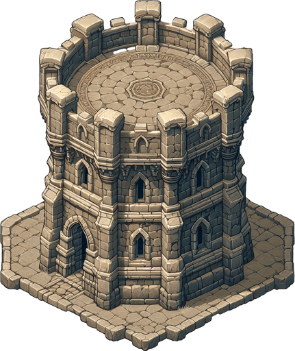 a medieval style stone tower. top down view. Single Game Texture. In-Game asset. 2d. Blank background. High contrast. No shadows.