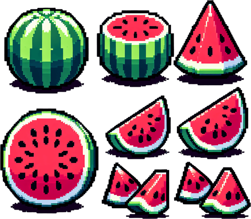 Water mellon sprite sheet: Full, Chopped left part, Chopped right part..
Single Game Texture. In-Game asset. 2d. Blank background. High contrast. No shadows.