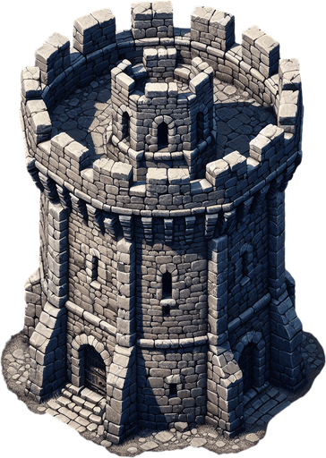 a medieval style stone tower. top down view. Single Game Texture. In-Game asset. 2d. Blank background. High contrast. No shadows.