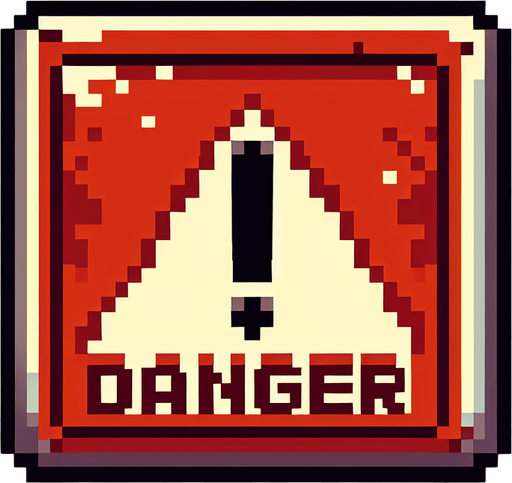 danger sign with an exclamation mark and the word 'danger' written on it, front view, I want the art style to reflect a classic 16-bit retro pixel art aesthetic, reminiscent of early 1990s RPGs..
Single Game Texture. In-Game asset. 2d. Blank background. High contrast. No shadows.