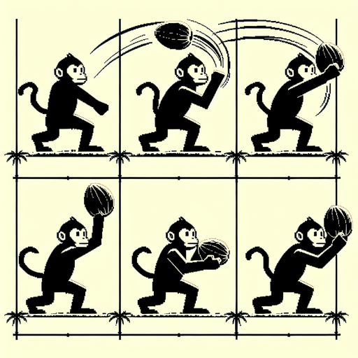 Peux tu créer une image composées de quatre parties égales : le mouvement décomposé d'un singe qui balance une noix de coco vers le bas?.
Single Game Texture. In-Game asset. 2d. Blank background. High contrast. No shadows.