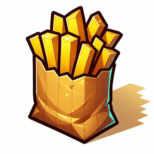 Create a cartoon-style illustration of fries in a brown bag. The goal is to capture a lively and playful object. Front perspective.
Single Game Texture. In-Game asset. 2d. Blank background. High contrast. No shadows.