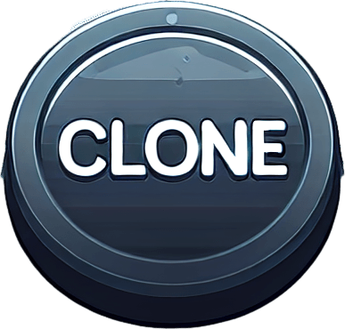 a button that says "clone".
Single Game Texture. In-Game asset. 2d. Blank background. High contrast. No shadows.