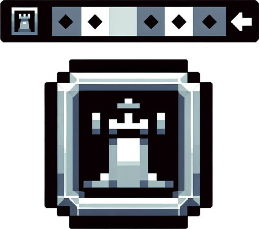 A metalic square button with the symbol of a tower from chess. Pixelart. Gamegui style. Medieval. Single Game Texture. In-Game asset. 2d. Blank background. High contrast. No shadows.