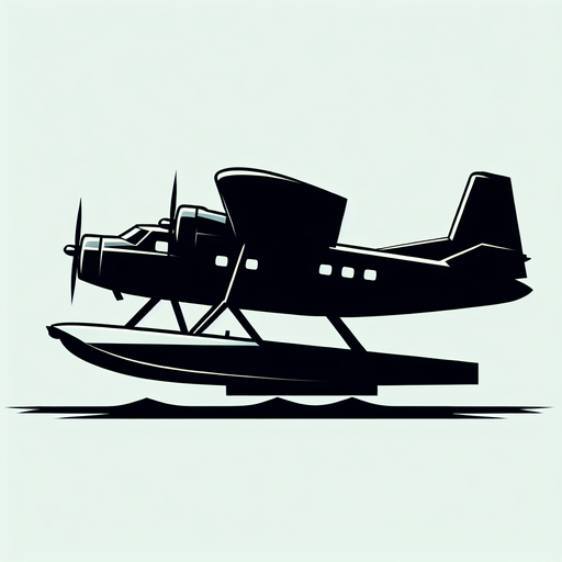 Create a cartoon-style illustration of a dark silhouette of a seaplane, side profile.
Single Game Texture. In-Game asset. 2d. Blank background. High contrast. No shadows.