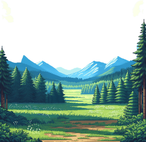 pixelart. A beautiful bue sommer sky without a cloud in the sky above the treetops of a forest and distant mountains. The foreground should be an grassy clearing..
Single Game Texture. In-Game asset. 2d. Blank background. High contrast. No shadows.