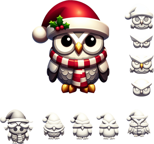 a cute christmas owl. Plastic style. Single Game Texture. In-Game asset. 2d. Blank background. High contrast. No shadows.