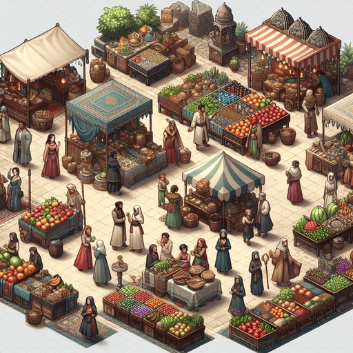 a marketplace in a  fantasy rts style.
Single Game Texture. In-Game asset. 2d. Blank background. High contrast. No shadows.