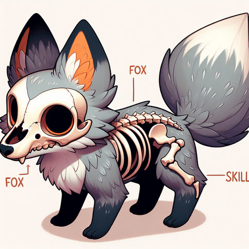 a fox with its skull visible on its right side of its head and grey fur with a pale orange on its eyes.
Single Game Texture. In-Game asset. 2d. Blank background. medium contrast. No shadows. cartoony. birdside view. full body. not facing the camera